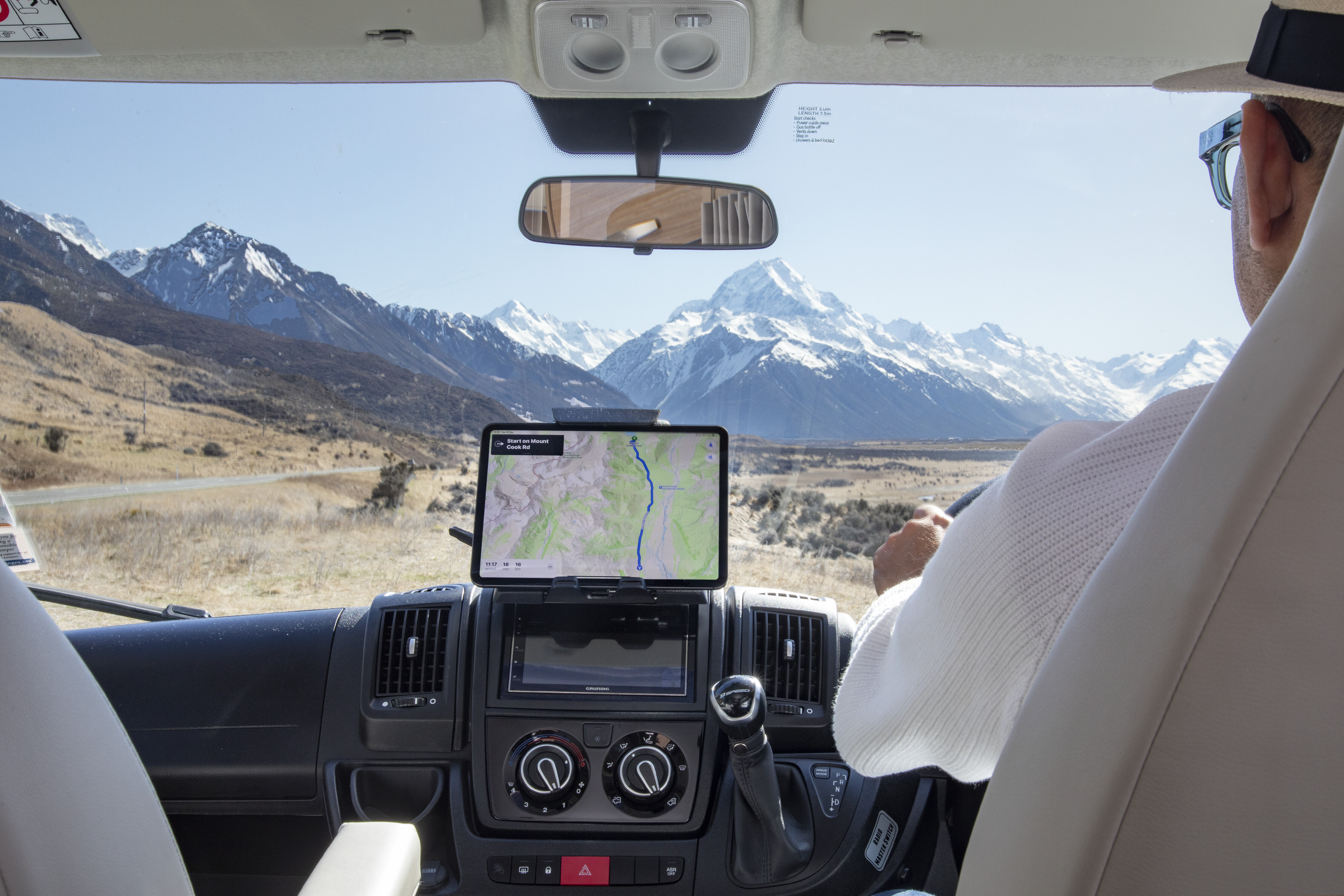 Cab with electronic navigator and Mount Cook in the background