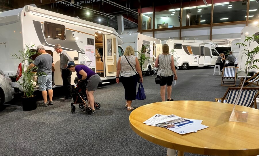 Covi Supershow 2021 attendees inspecting Burstner motorhome