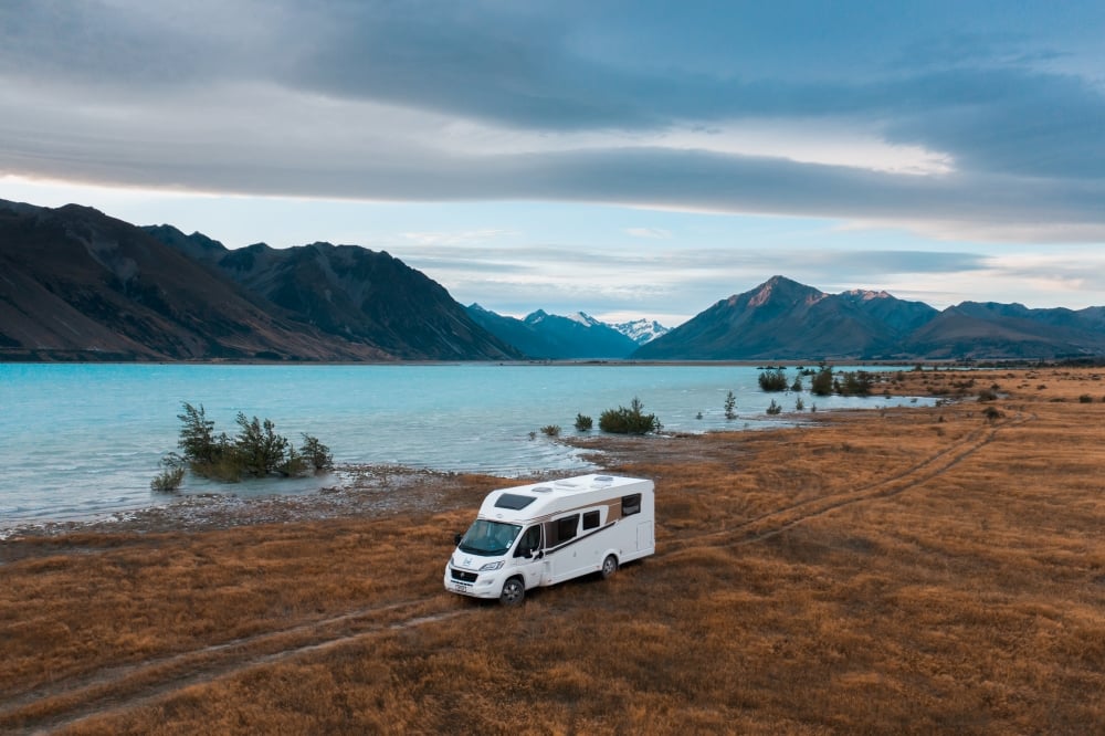 Wilderness motorhome driving Lake-Tekapo-Sunset-Drone