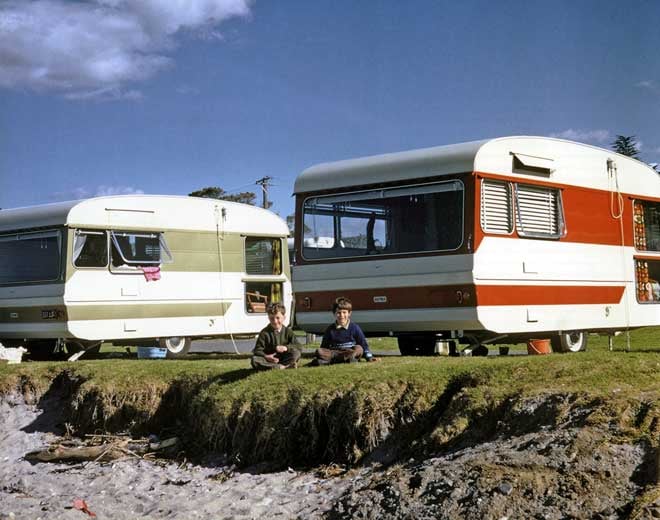 caravans kids historical 1970 - Photograph by Doug Snook - Te Ara Govt NZ