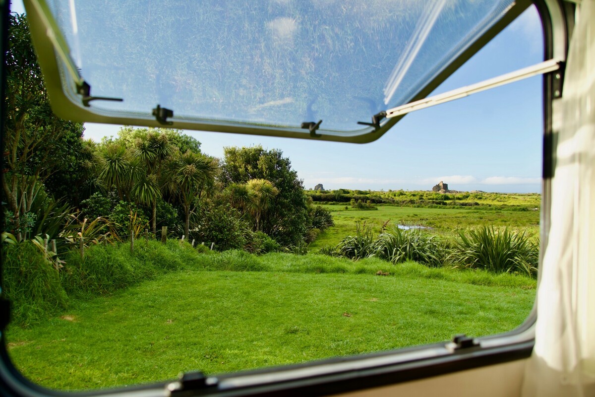 Motorhome window with an open view outside in the North Island