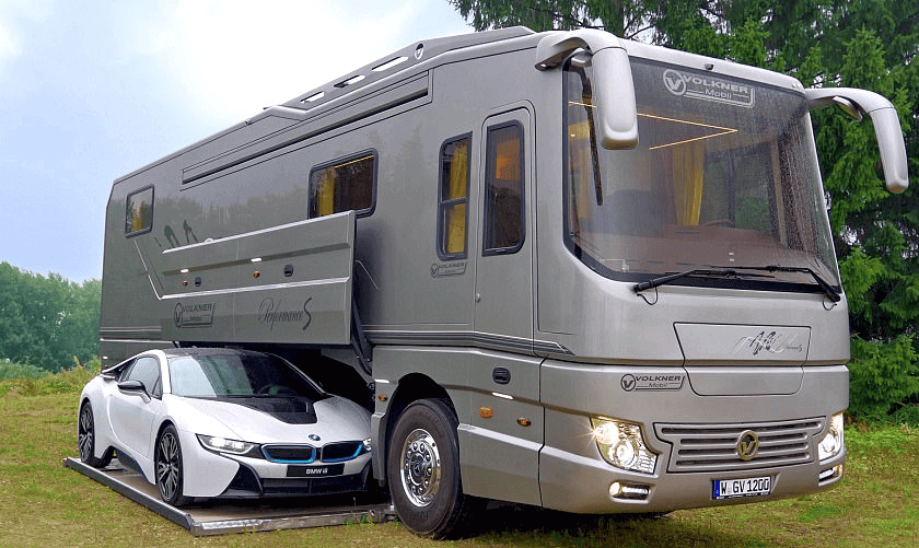 Volkner motorhome with sports car compartment external storage