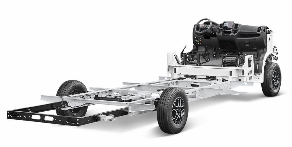 Stripped out truck chassis before motorhome conversion