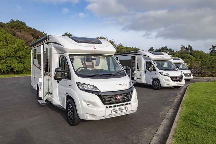 A group of Bürstner motorhomes parked up together