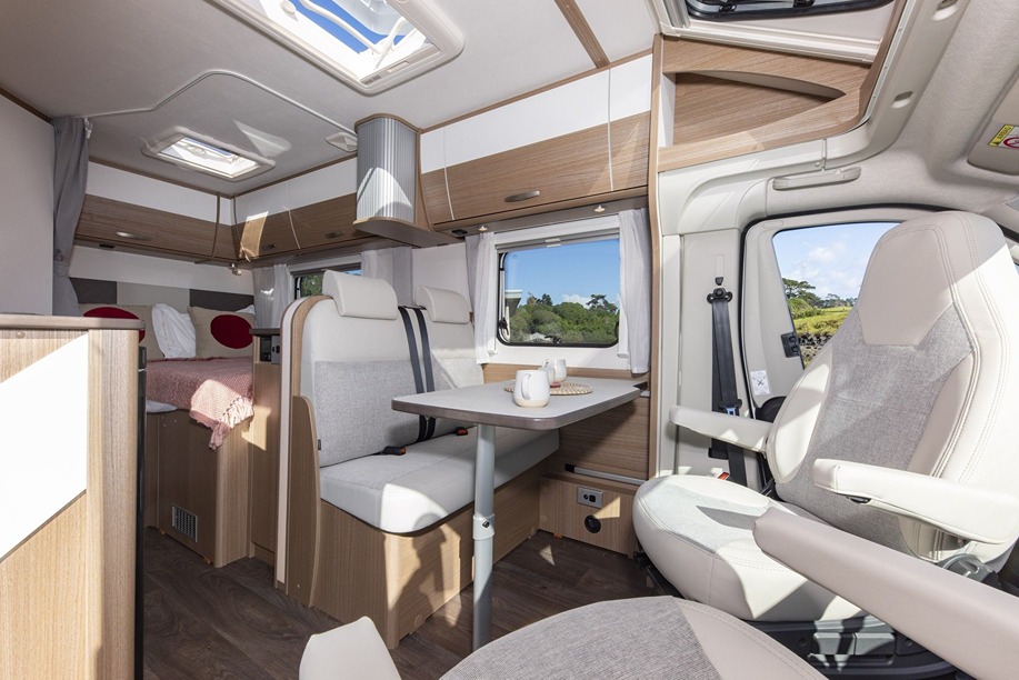 Rotate the cab chairs for socialising in the Carado T135’s living area