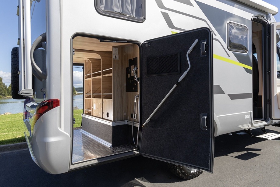 Cool down using the HYMER ML-T CrossOver’s second shower — located inside the garage