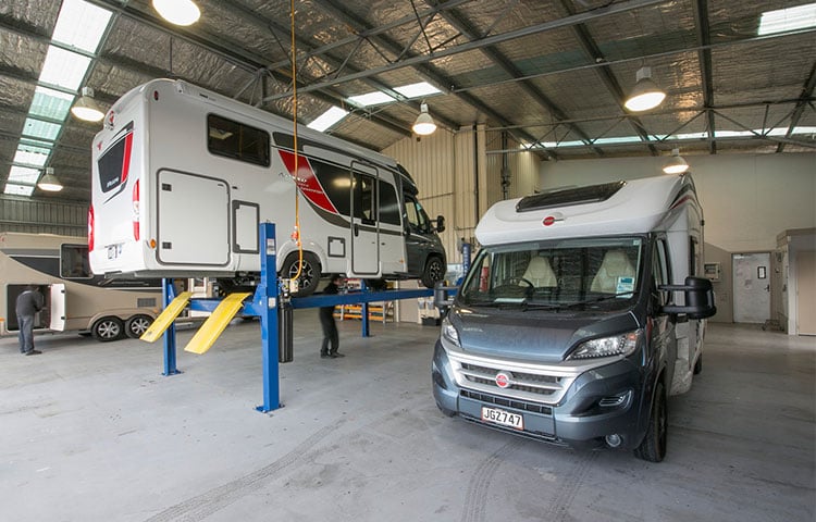 Servicing European motorhomes at Wilderness workshop