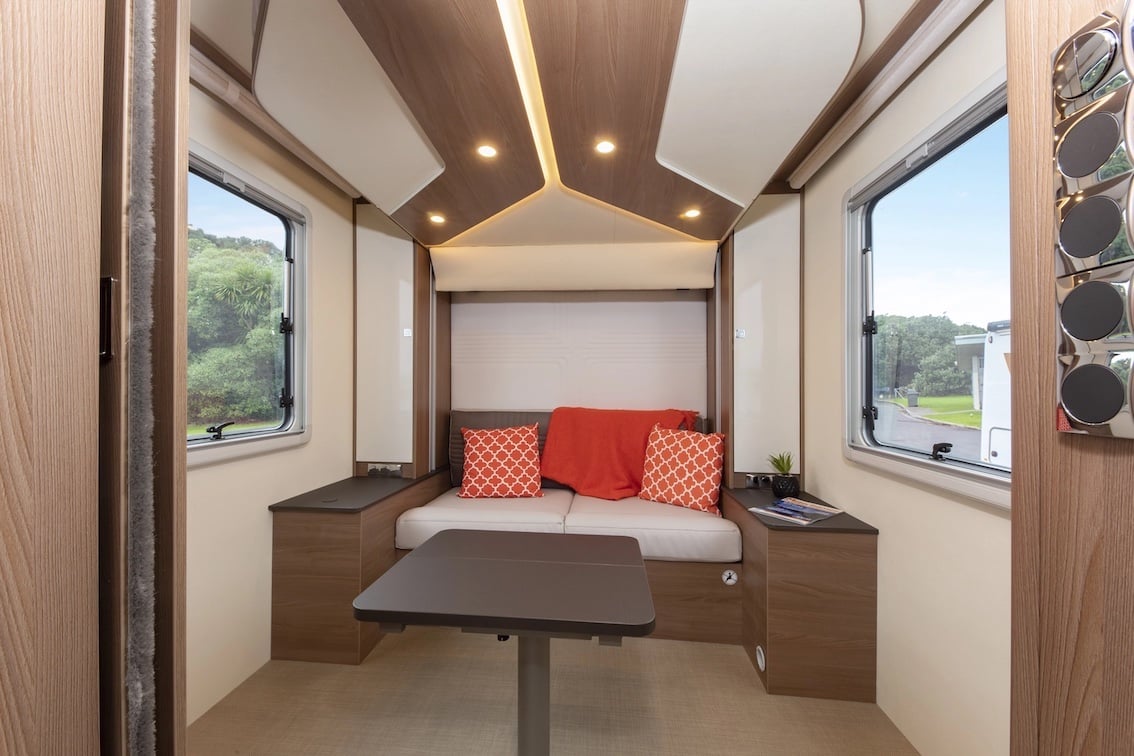 Burstner interior rear lounge that converts into a bed