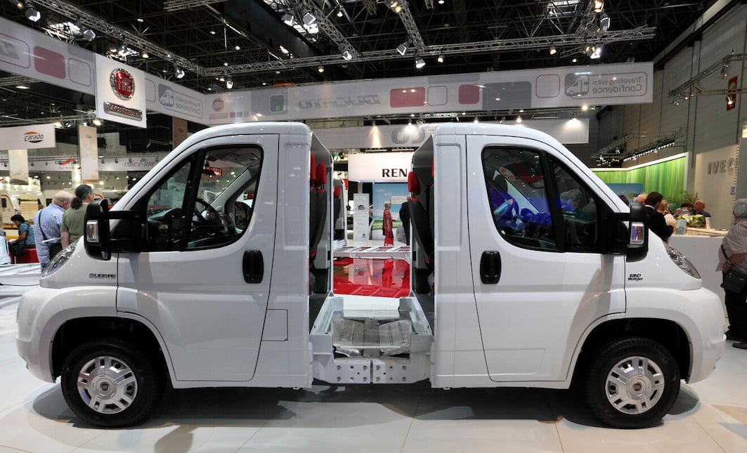 Two Fiat chassis joined together at a motorhome show