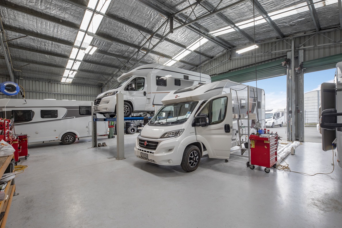 Motorhome being inspected at a workshop