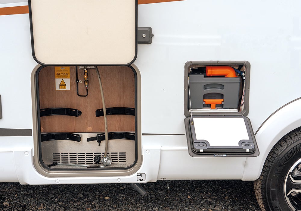 There’s easy access to the large gas bottle locker and toilet cassette