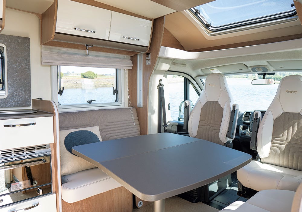 Cream leather upholstery and ivory-like locker doors lighten the mood