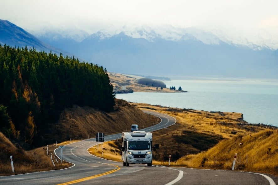 Motorhome driving in the mountains of the South Island