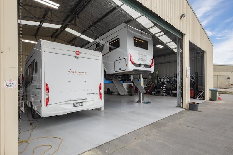 Motorhome in a workshop receiving maintenance