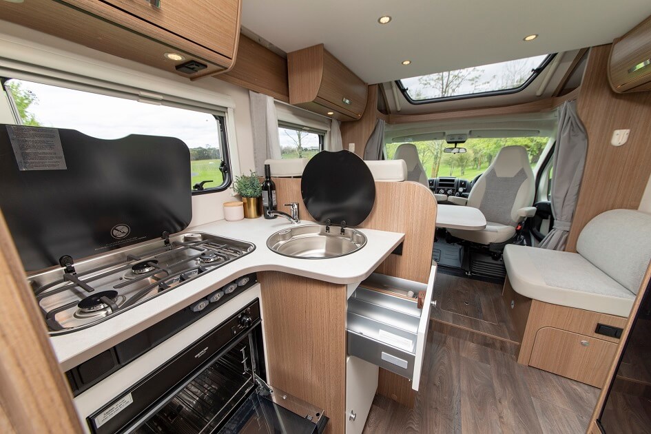 Wilderness 2020 Carado T449 motorhome interior kitchen open