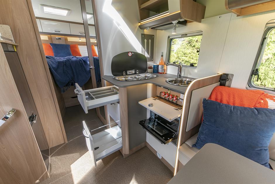 Wilderness 2019 Lyseo IT727 motorhome interior kitchen open draws and cupboards