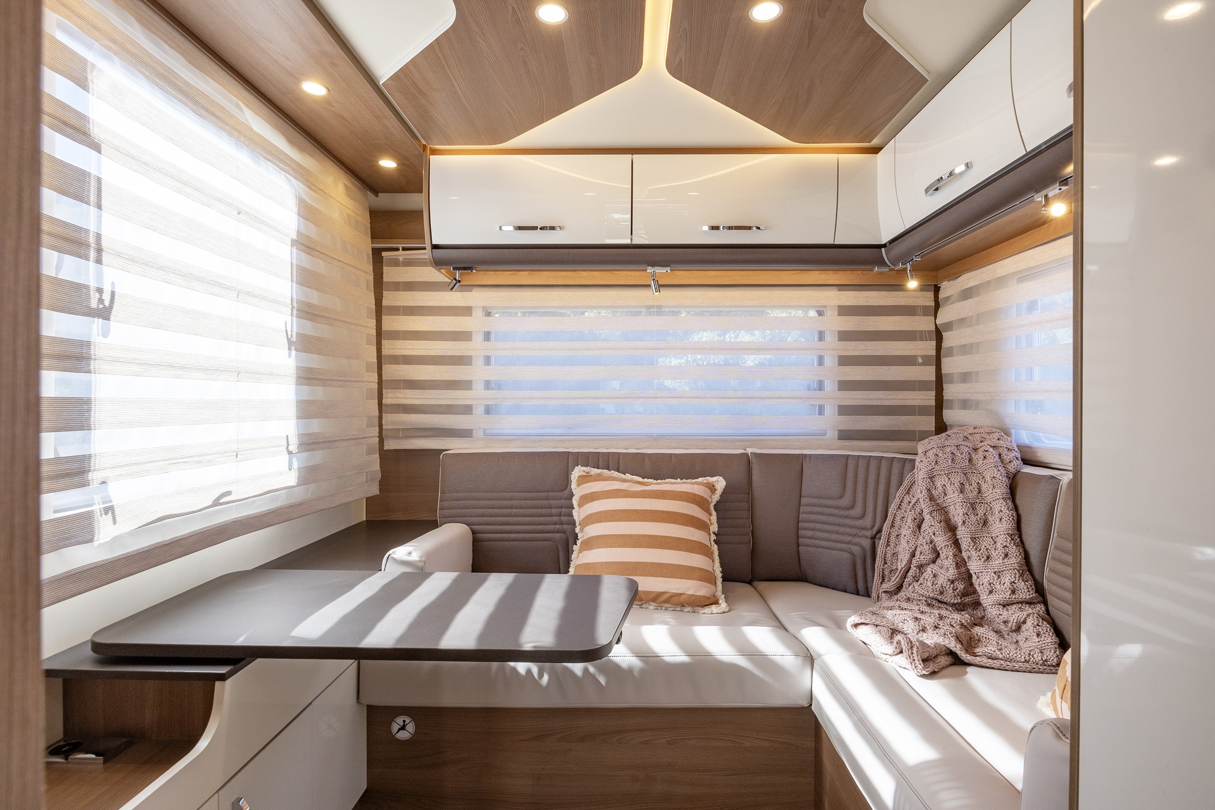 Wilderness 2025 Lyseo TD744 motorhome interior lounge rear blinds down