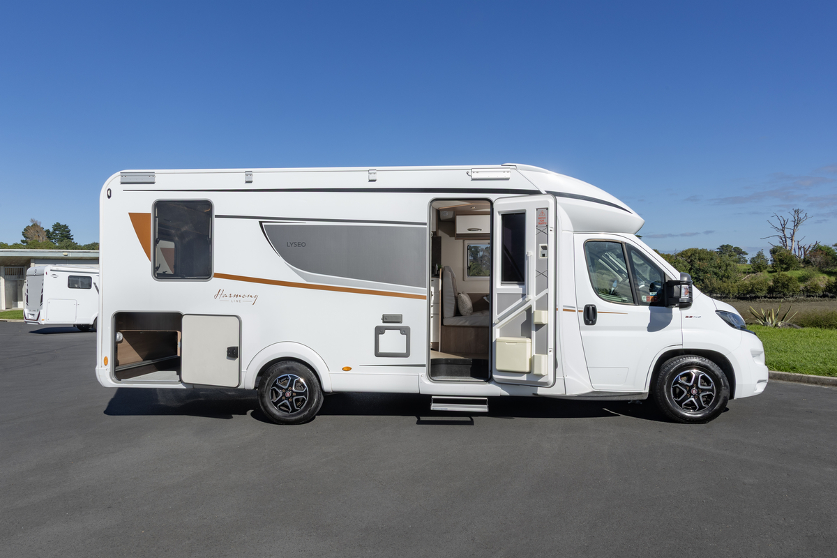 Wilderness Lyseo TD744 motorhome exterior right side doors open