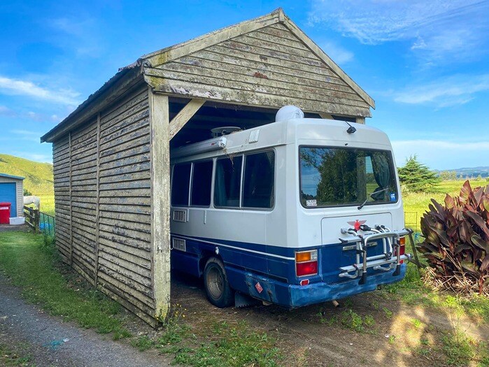 Motorhome in a small carport garage