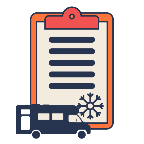 Icon showing a checklist with a snowflake and motorhome